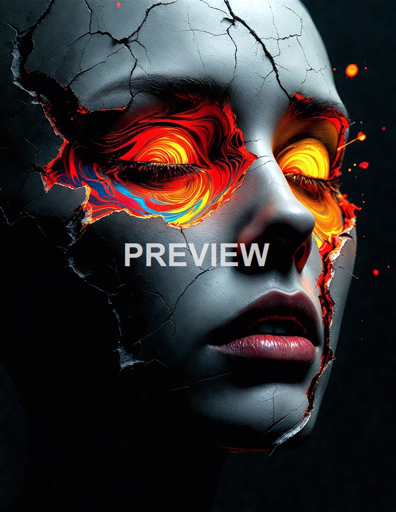 A realistic human face with a cracked surface revealing vibrant, swirling fiery patterns and glowing eyes underneath, giving an otherworldly and intense appearance.